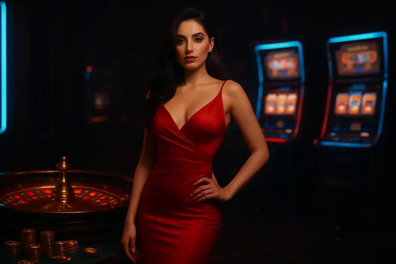 Elegant Casino Banner Beautiful woman in red dress standing confidently near roulette and slot machines with gold coins and poker chips in a luxury Bangladeshi casino setting