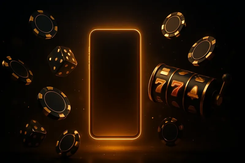 Glowing Smartphone Casino Banner Glowing smartphone surrounded by casino chips, slot reels, and dice on a luxurious dark background
